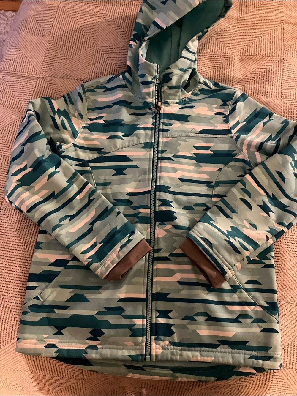 Paradox Kids Hooded Raincoat in Teal, Dark Teal & Light Pink Pattern